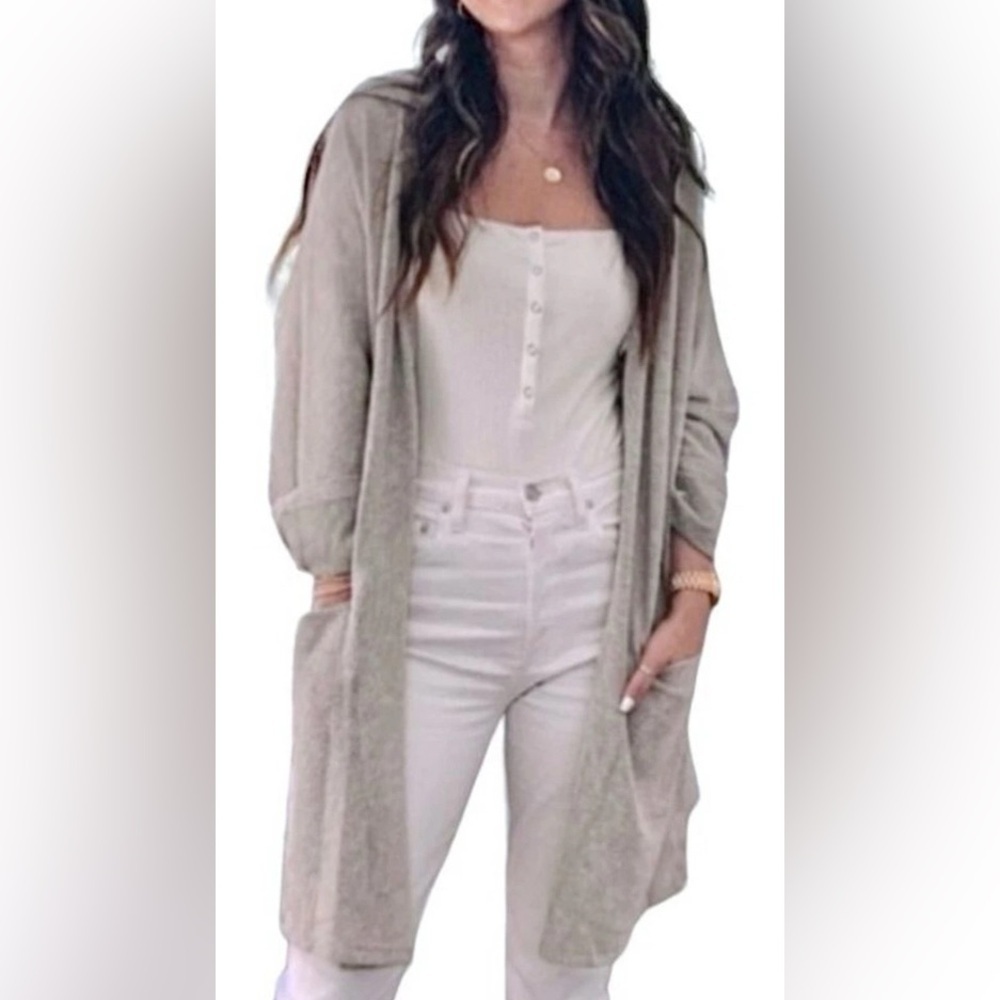 Anthropologie Tan Light Sandwash Longline Long Sleeve Wool Blend Cardigan Topper